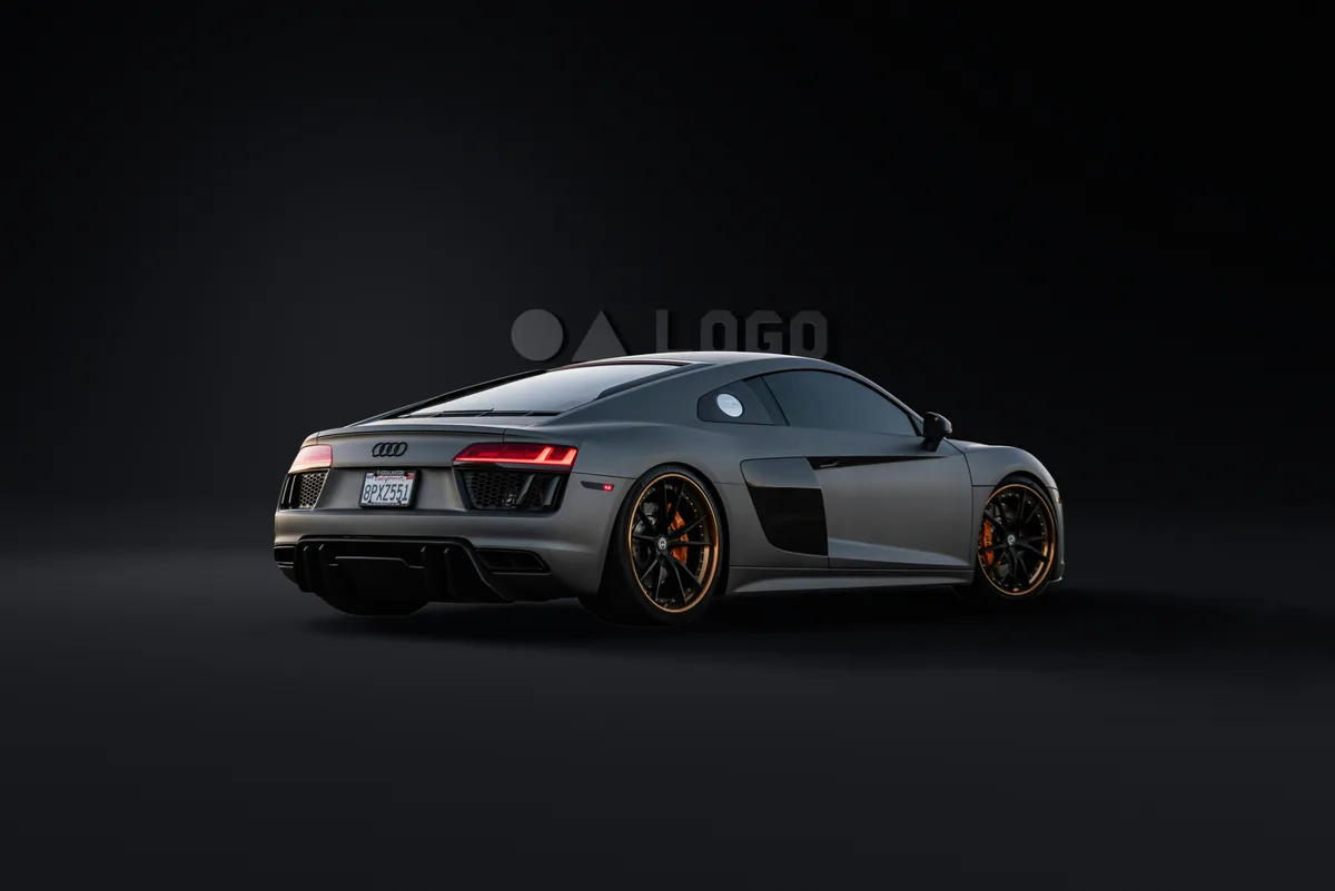 Same Audi R8 in a dark studio scene with matched lighting, cast shadow, and logo
