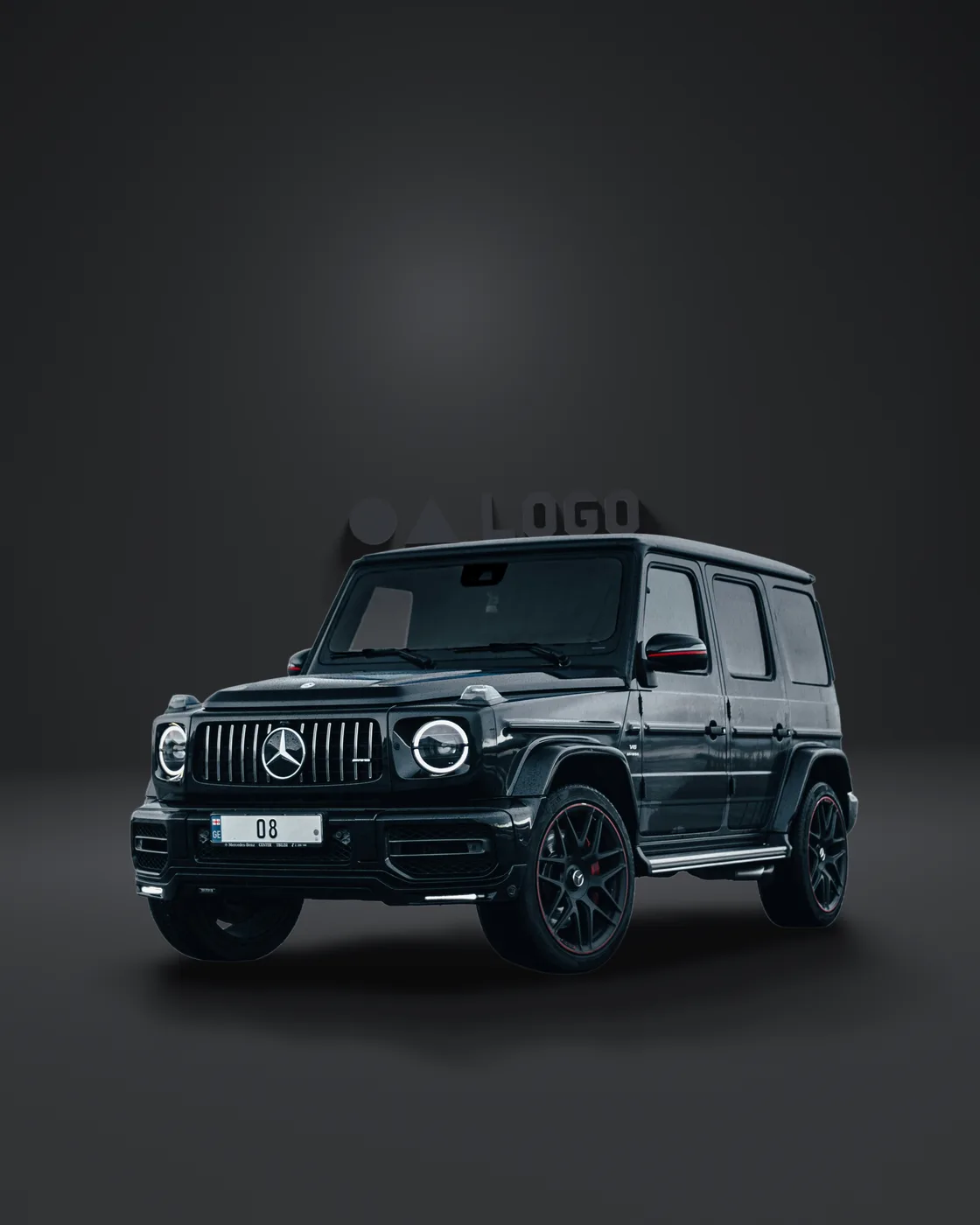 Same G-Class in a dark studio scene with matched lighting, cast shadow, and logo