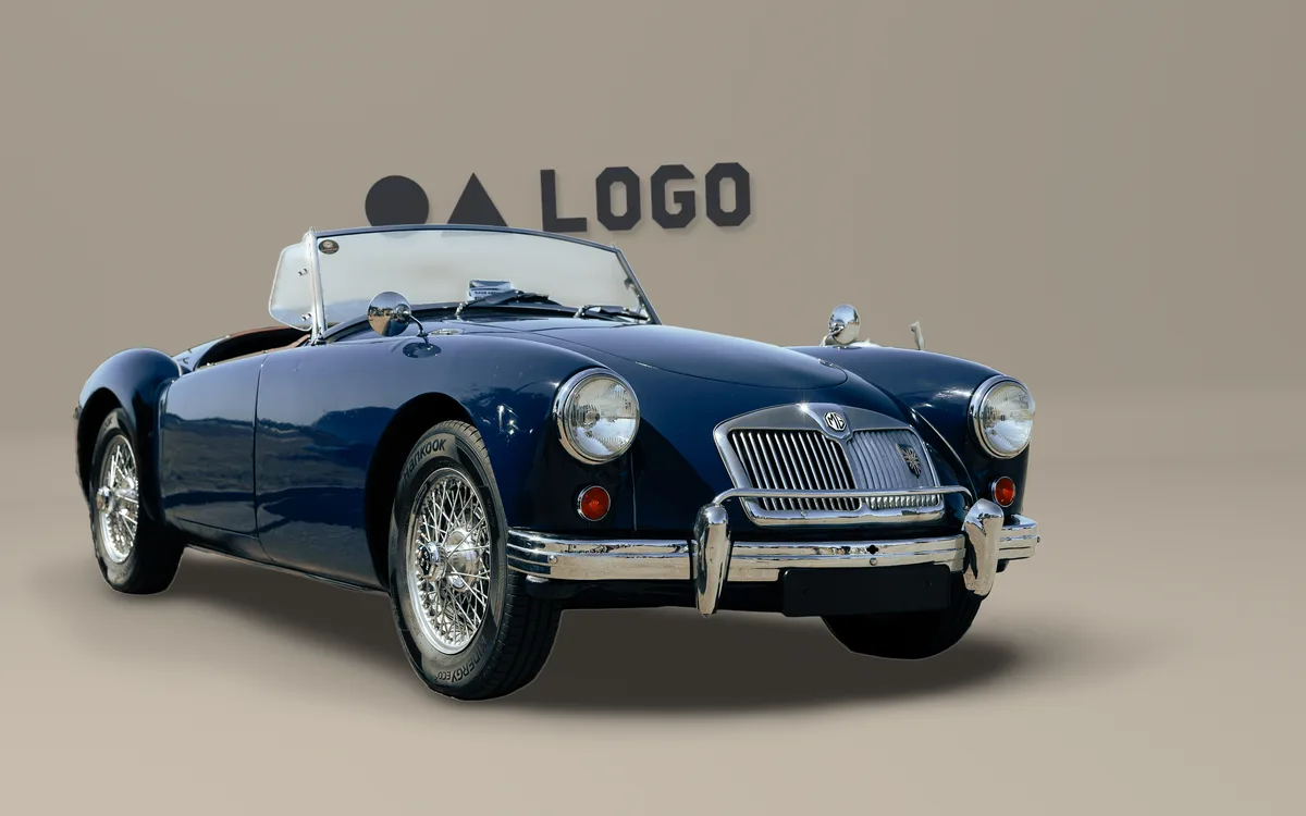 Same MG MGA on a neutral studio ground with matched lighting, soft shadow, and logo