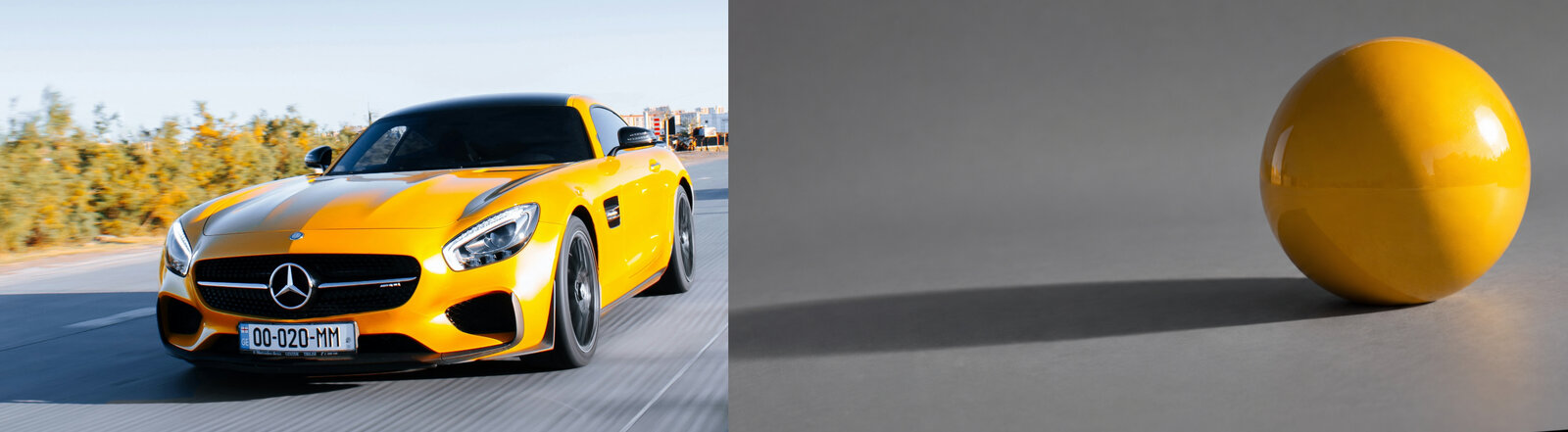 Car photo beside a rendered yellow sphere lit with the estimated light so highlight, falloff, and shadow match