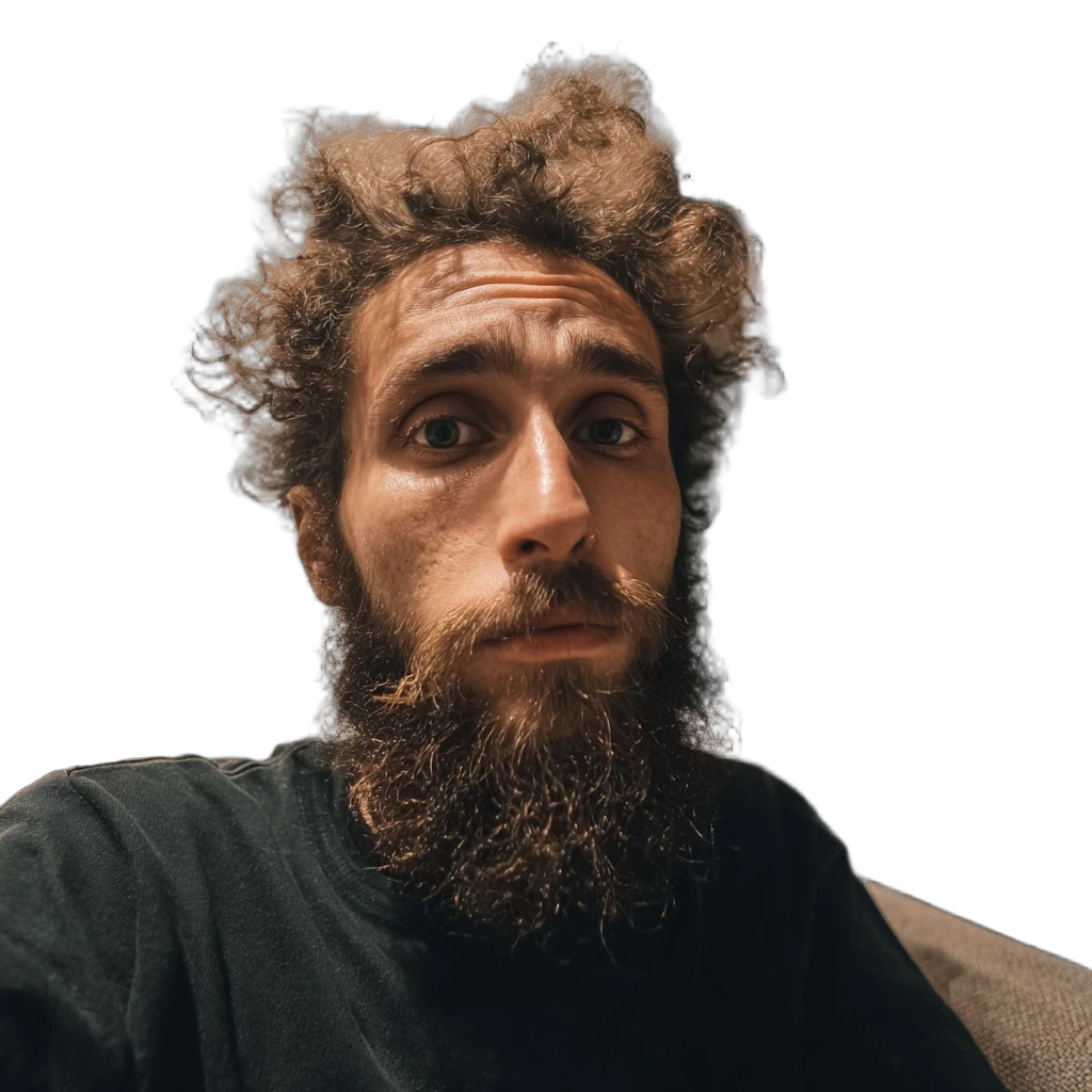 messy hair bearded portrait, BiRefNet Lite cutout