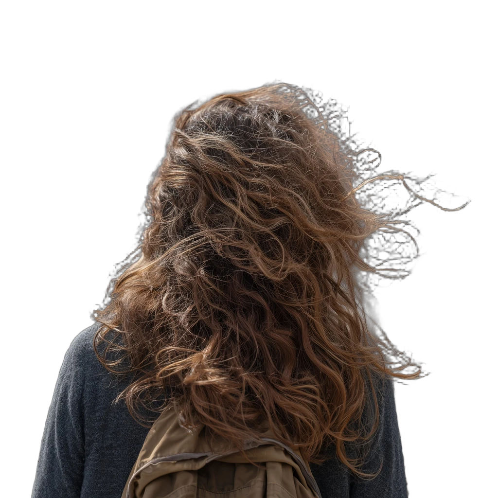 windblown curly hair backpack, BiRefNet Lite cutout