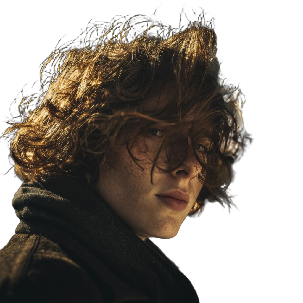 windblown curly portrait, BiRefNet Lite cutout