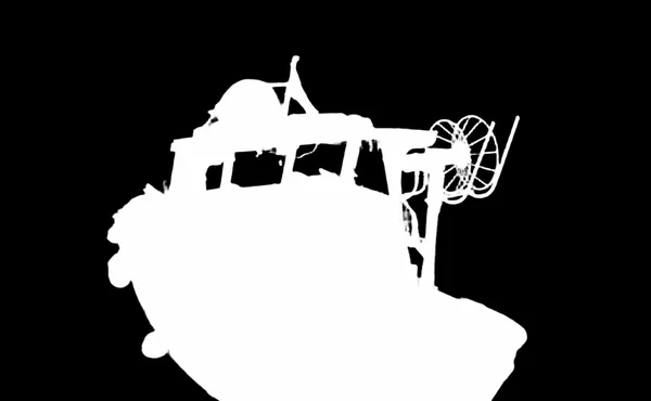 BiRefNet Lite alpha matte: small fishing boat bw