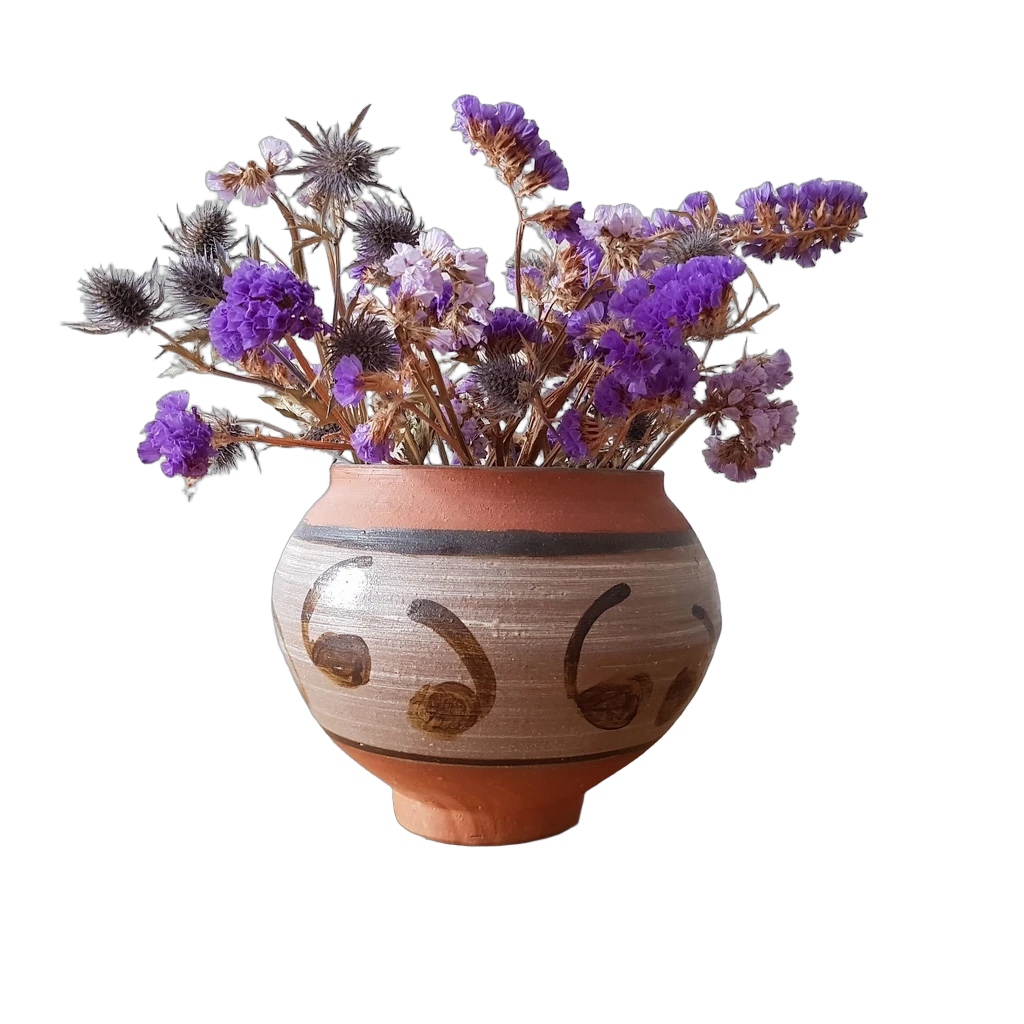 dried flowers clay vase, BiRefNet cutout