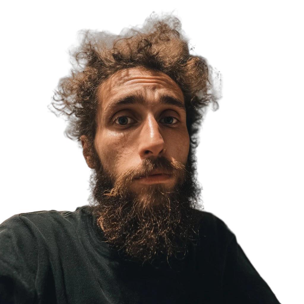 messy hair bearded portrait, BiRefNet cutout
