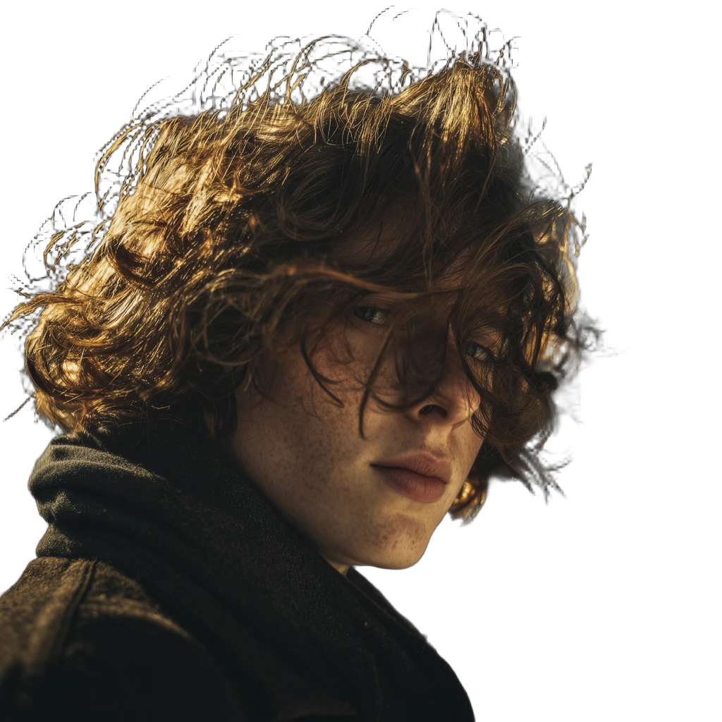 windblown curly portrait, BiRefNet cutout