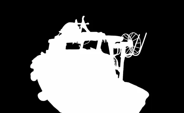 BiRefNet General alpha matte: small fishing boat bw