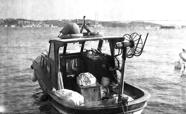 Original photo: small fishing boat bw