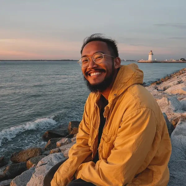 Original photo: smiling man seaside sunset