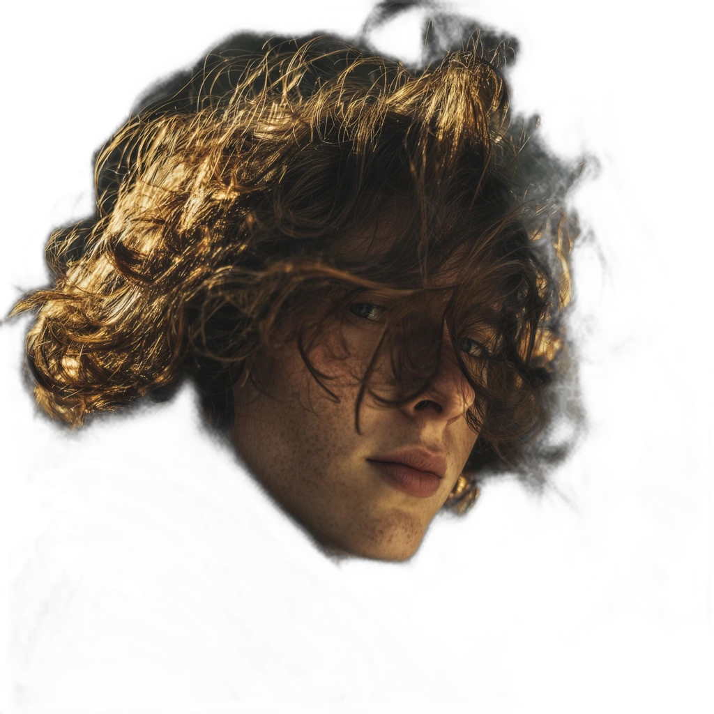 windblown curly portrait, silueta cutout