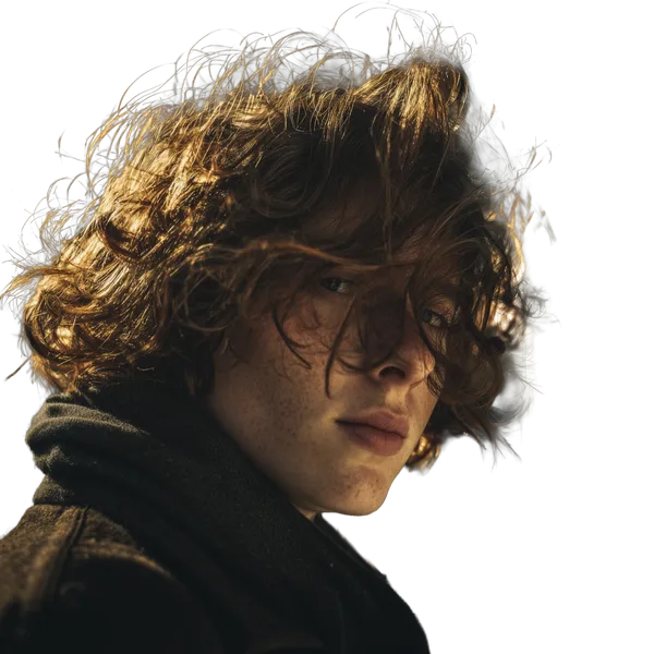 Pro Model background removed: windblown curly portrait