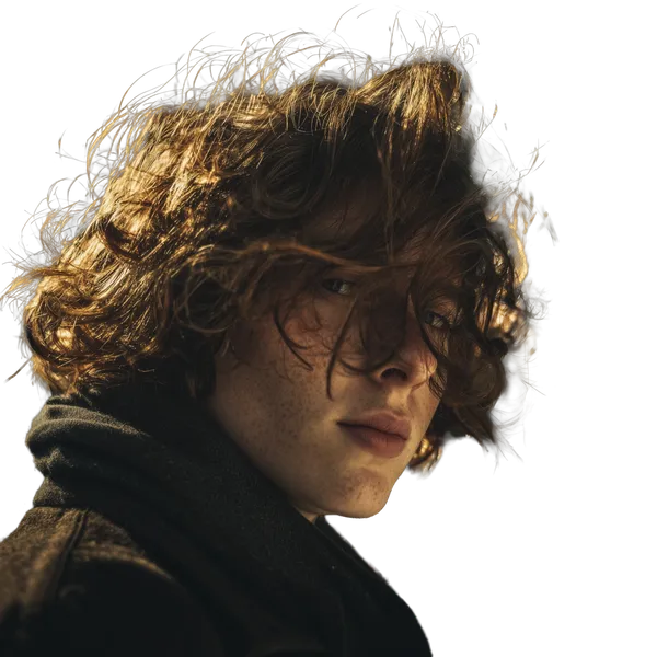Enterprise background removed: windblown curly portrait