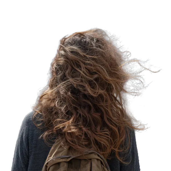 Open Model background removed: windblown curly hair backpack