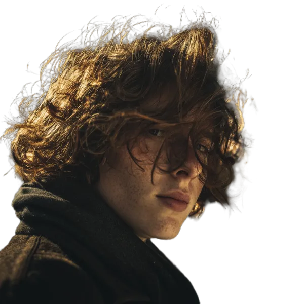 Open Model background removed: windblown curly portrait