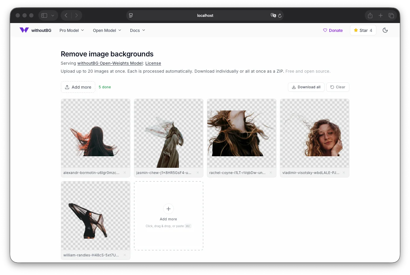 withoutBG Docker web app showing a cutout preview after background removal