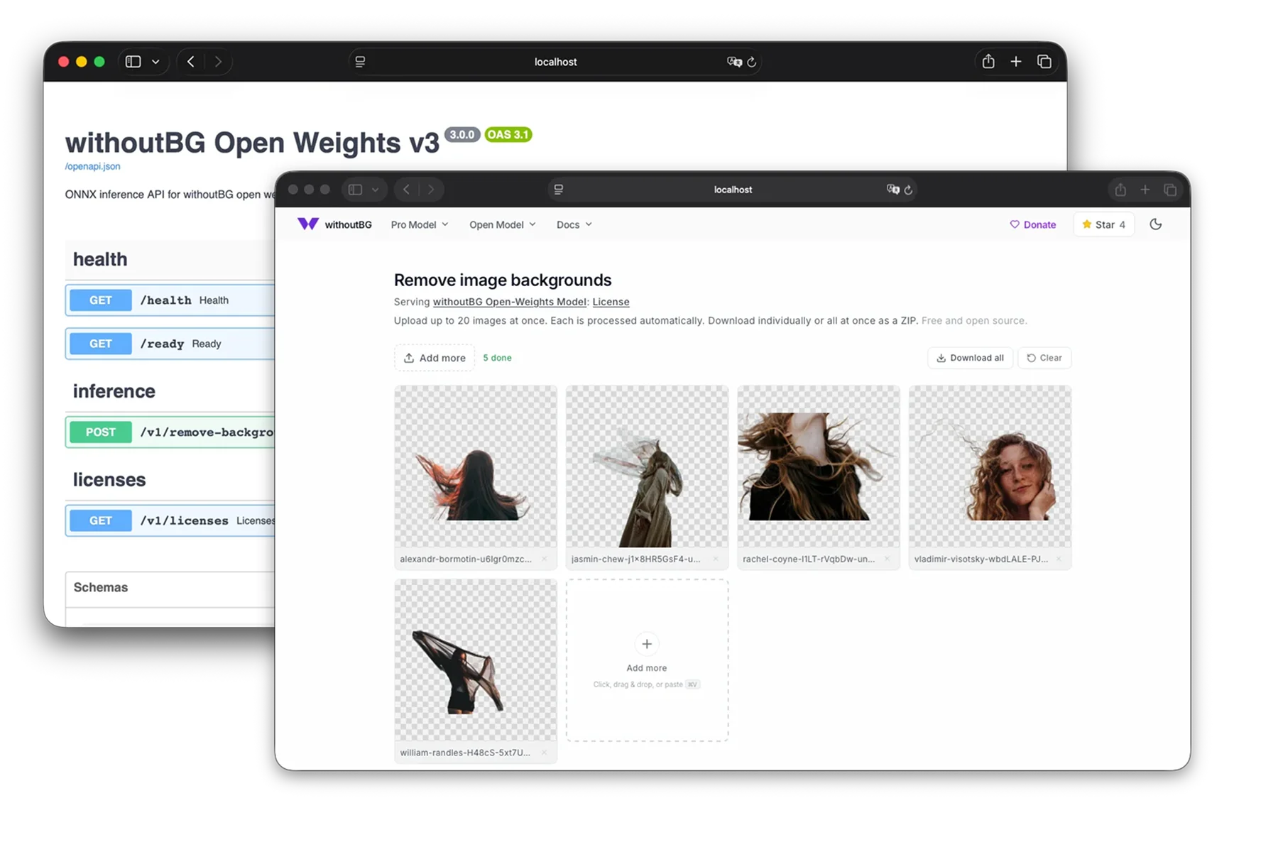 withoutBG Docker app UI and headless Swagger API docs in overlapping browser windows