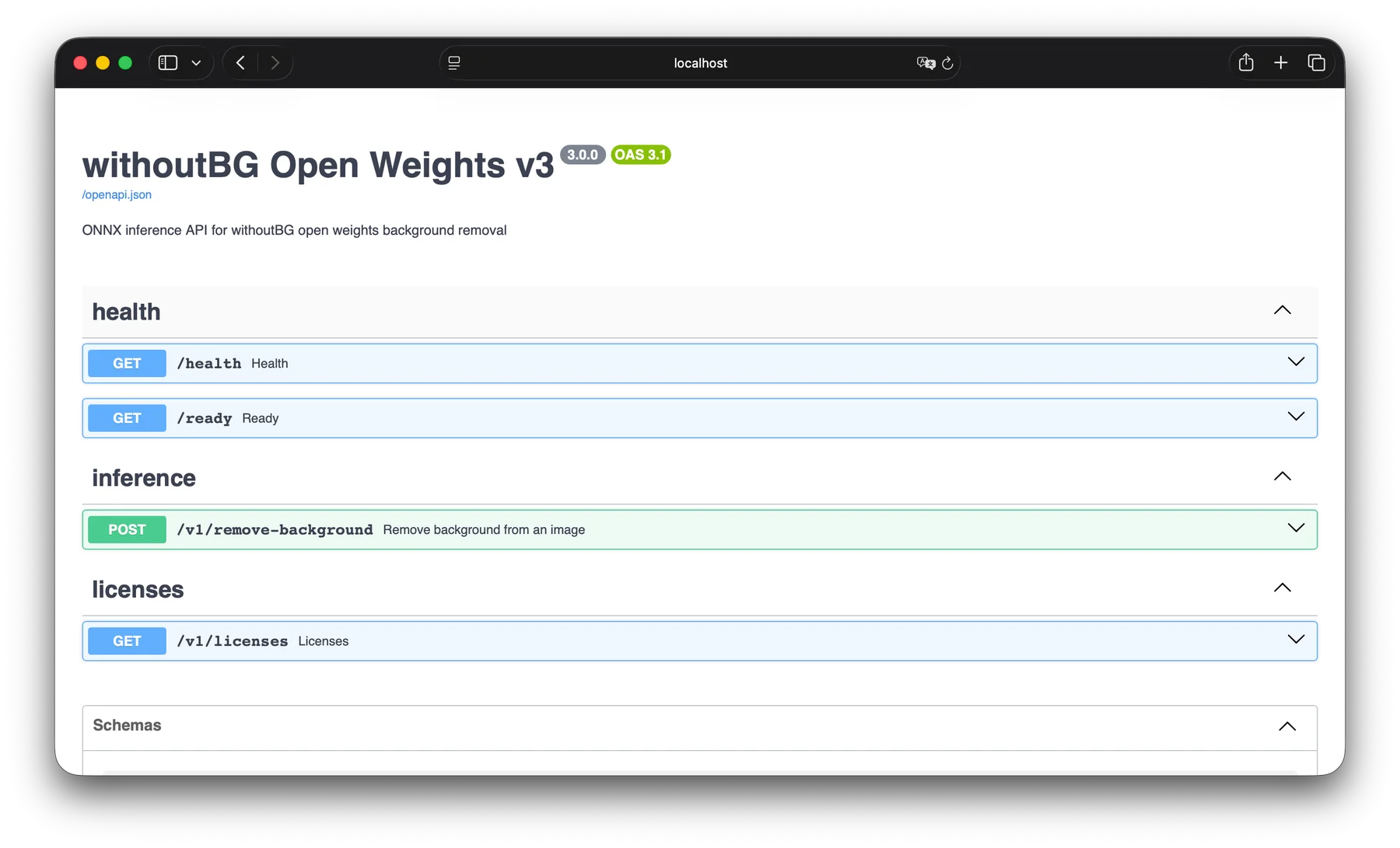 Swagger UI for the withoutBG headless Docker service listing remove-background and health endpoints