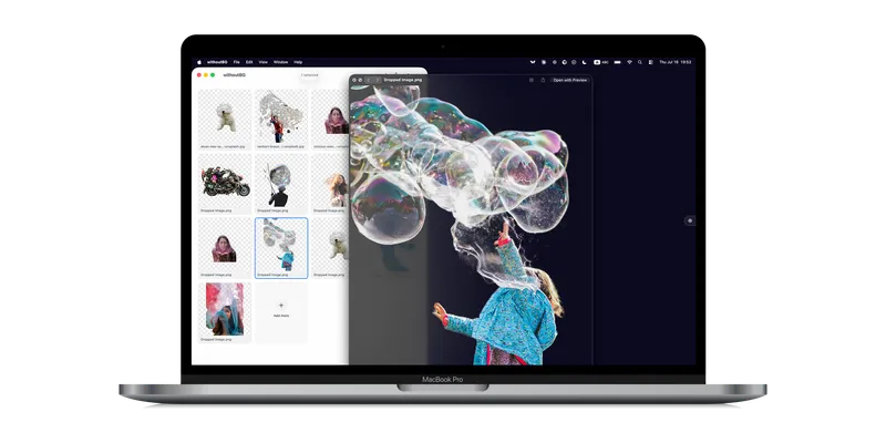 MacBook Pro showing withoutBG with a Quick Look preview of a cutout