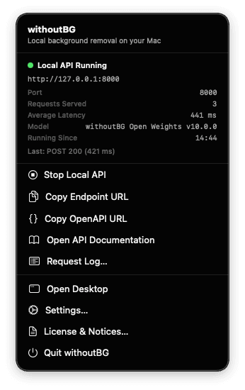 withoutBG menu bar panel showing Local API running on port 8000 with model and request stats