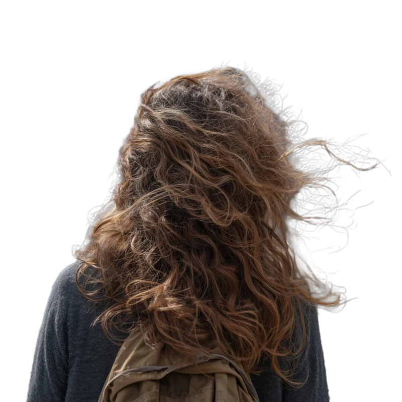 Background removed: Windblown Curly Hair with Backpack