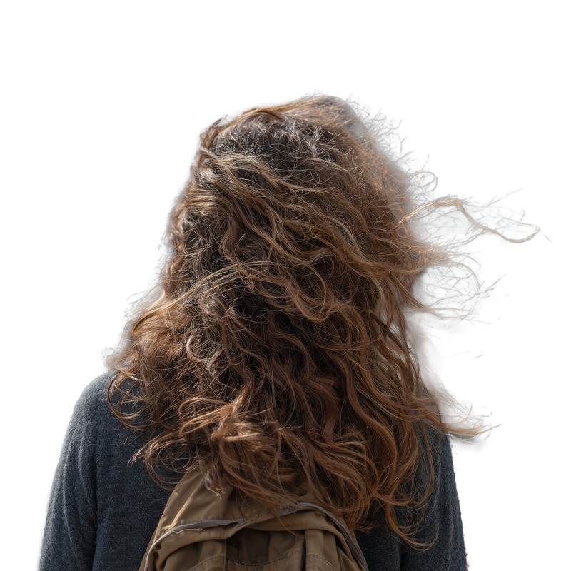 Background removed: Windblown Curly Hair with Backpack