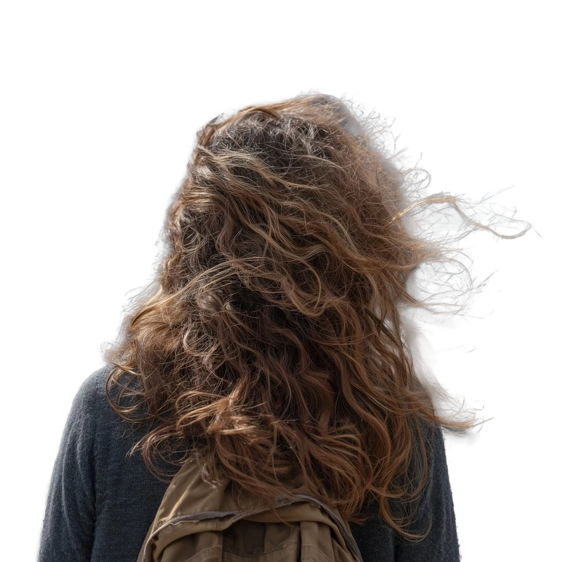 Background removed: Windblown Curly Hair with Backpack