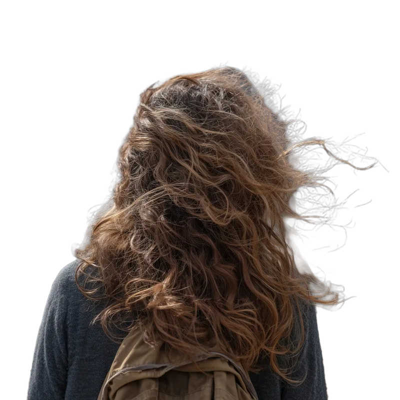 Background removed: Windblown Curly Hair with Backpack