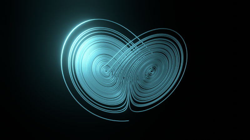 Neon blue Lorenz attractor visualization showing the butterfly effect pattern